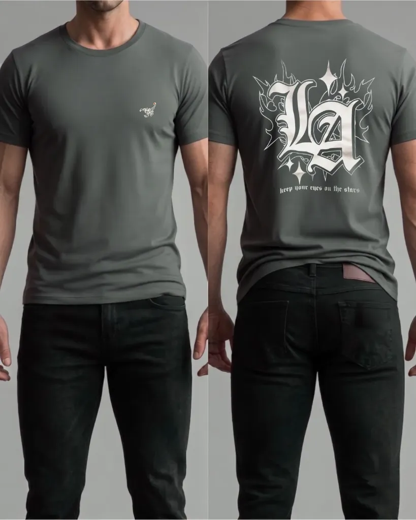 [HJ-003371-XL-GRIS-OSCURO] Camiseta estampada (LA con llamas) (Gris oscuro)