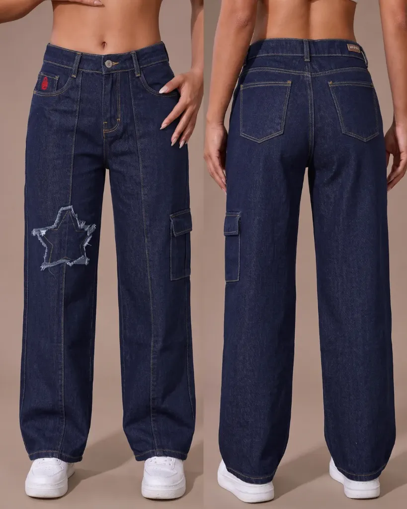 Wide leg cargo rigido con aplique de estrella